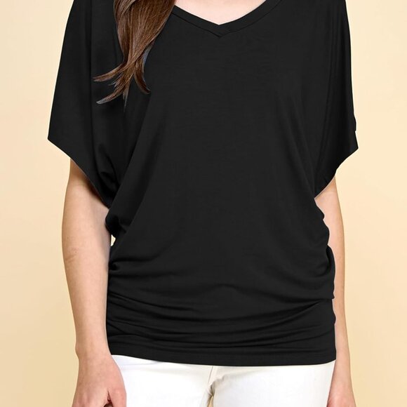 Women's Versatile Casual Short Sleeve Dolman Top – Loose Fit Boat Neck & V-Neck - Picture 4 of 5